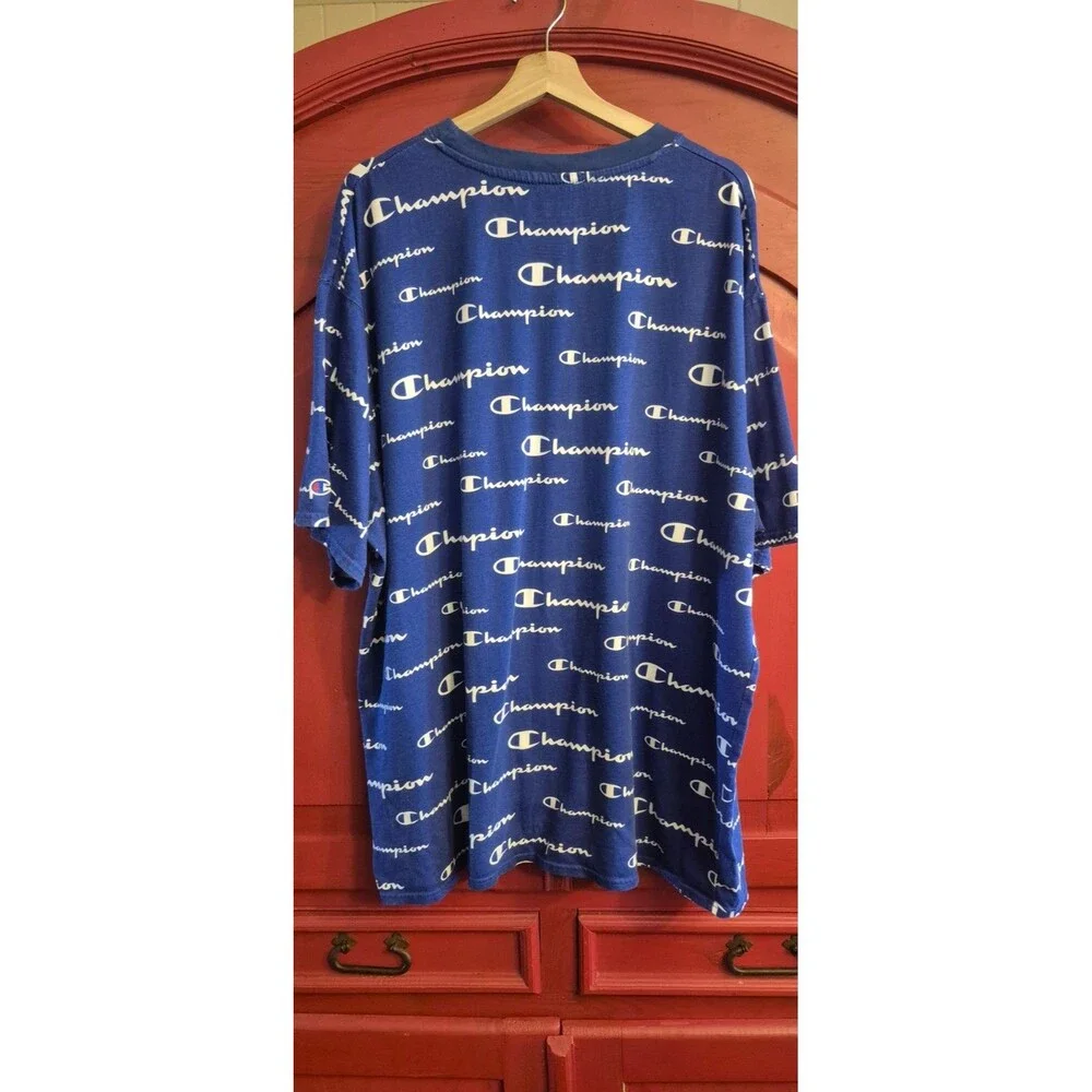 Champion Mens 2XL LIFE T-Shirt Blue All Over Print Logo Heritage 100% Cotton Tee - Picture 3 of 4